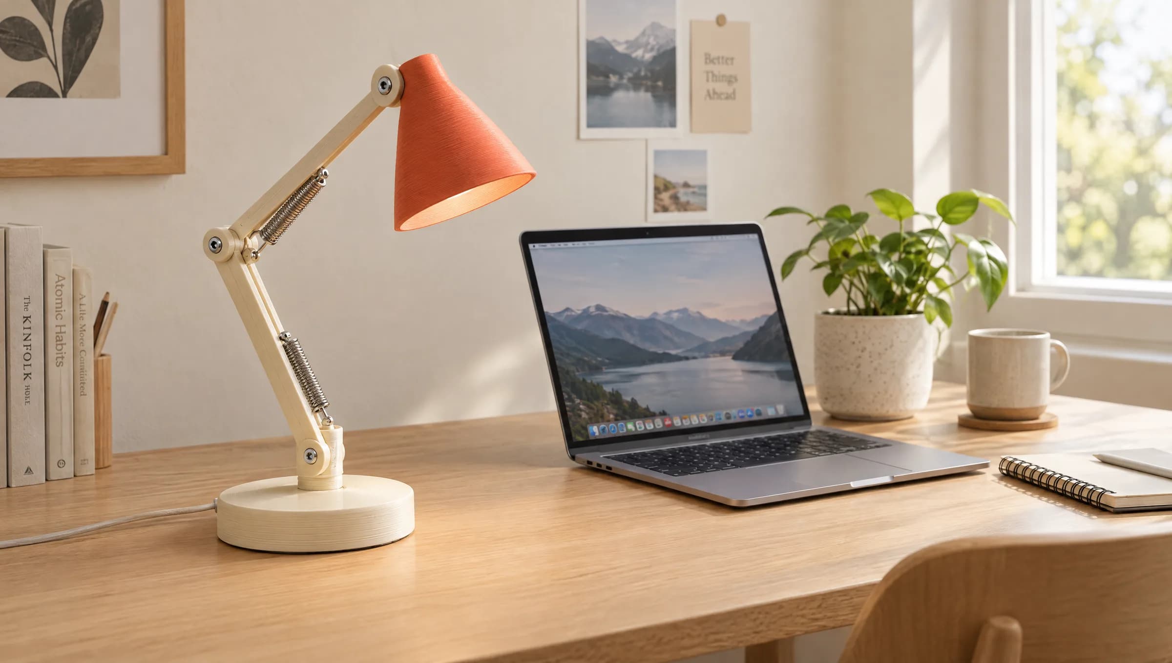 The printed lamp on a sunny desk next to a laptop and a plant.