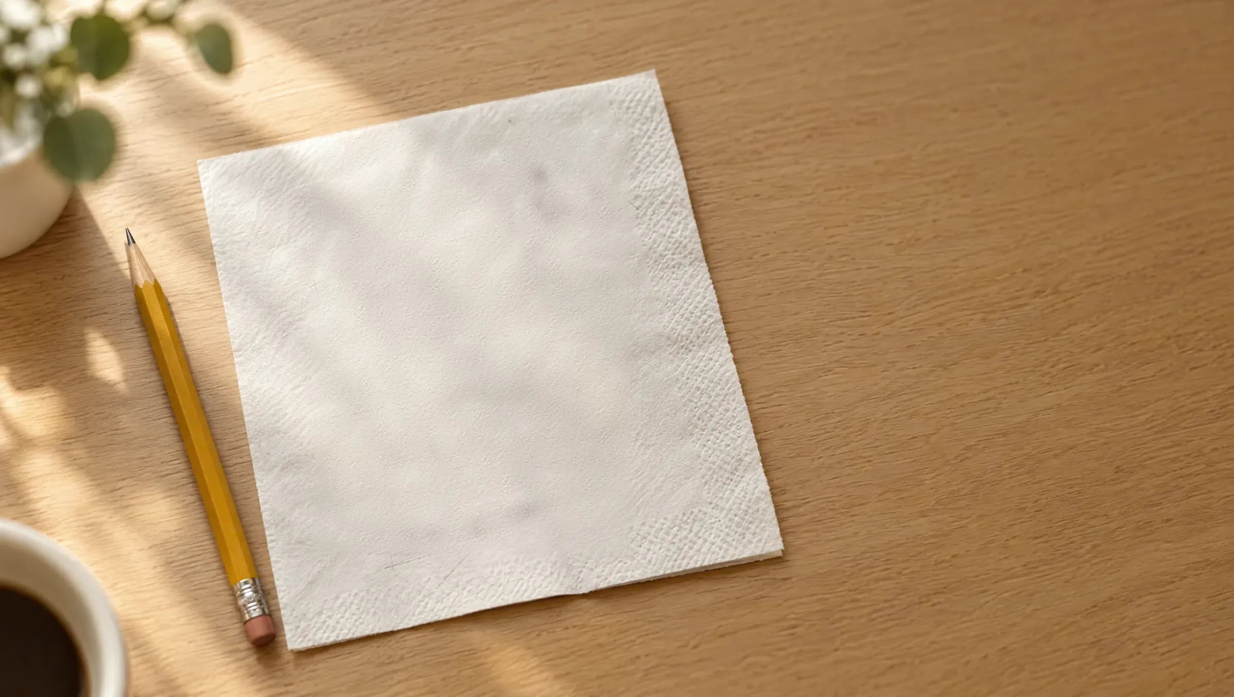 A paper napkin on an oak desk beside a pencil and a cup of coffee.